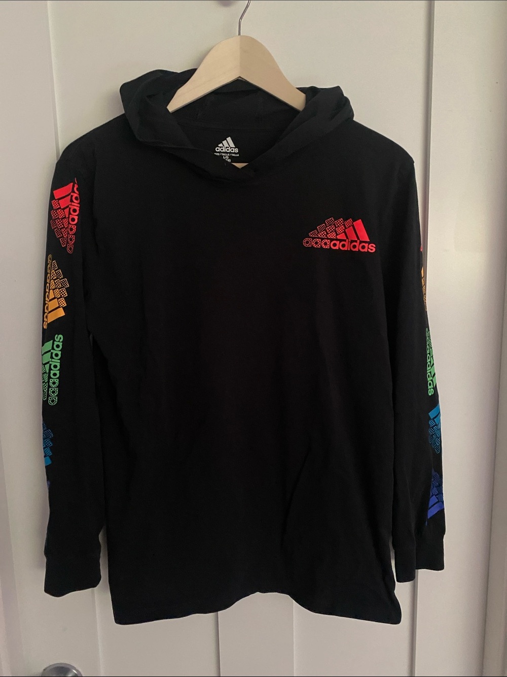 adidas Men’s Black Crewneck Sweatshirt with Rainbow Logo Sleeves